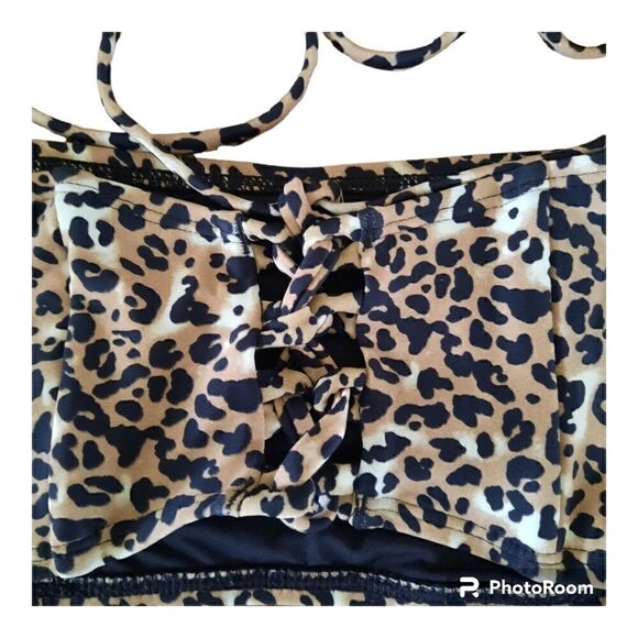 Relleciga Leopard Print Adjustable Back Lace Up Bandeau Bikini Swim Top - Picture 3 of 4